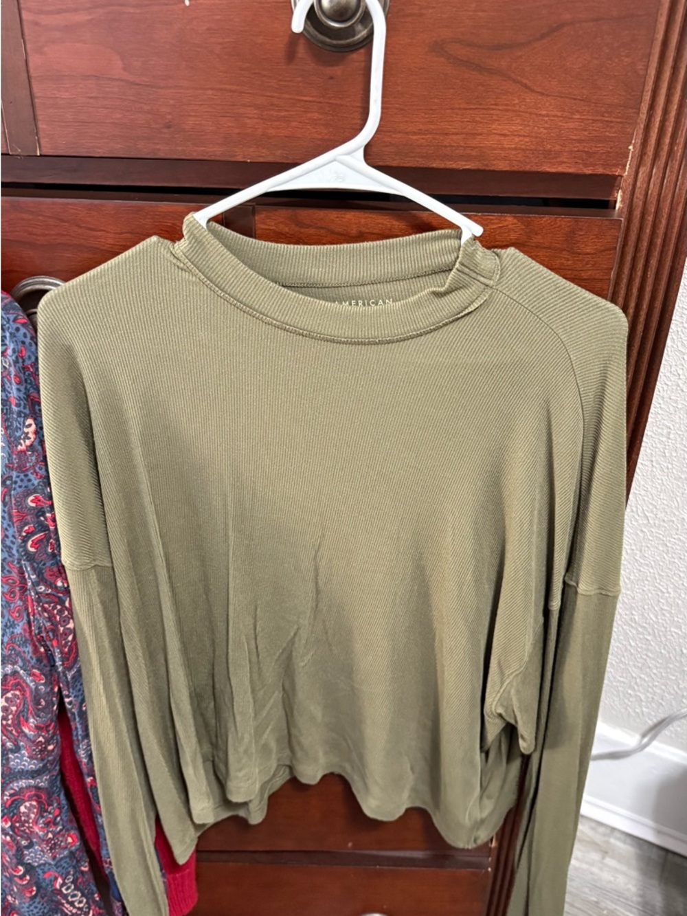 American Eagle Outfitters Olive Waffle-Knit Long Sleeve Top